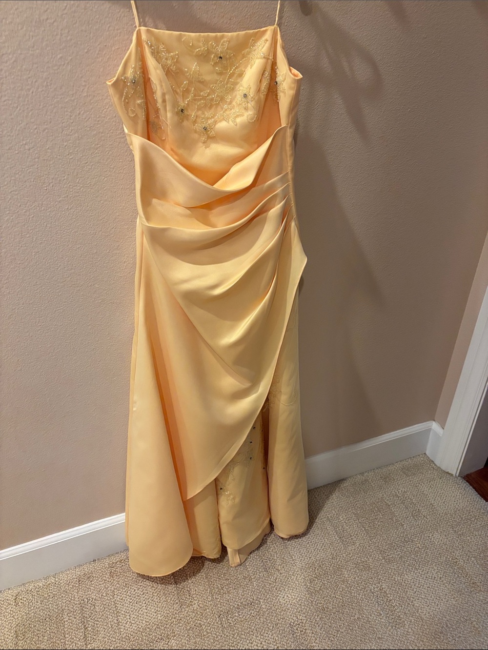 Jodi Kristopher Pale Yellow Beaded Spaghetti-Strap Prom Gown